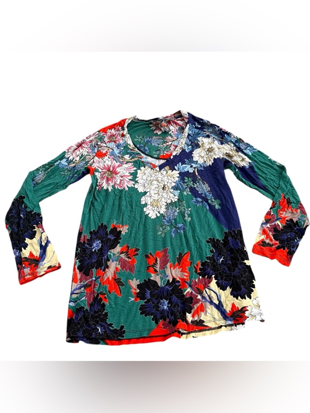 Johnny Was Marritt Poppy Floral Blue Green Long Sleeve Top Size M Women